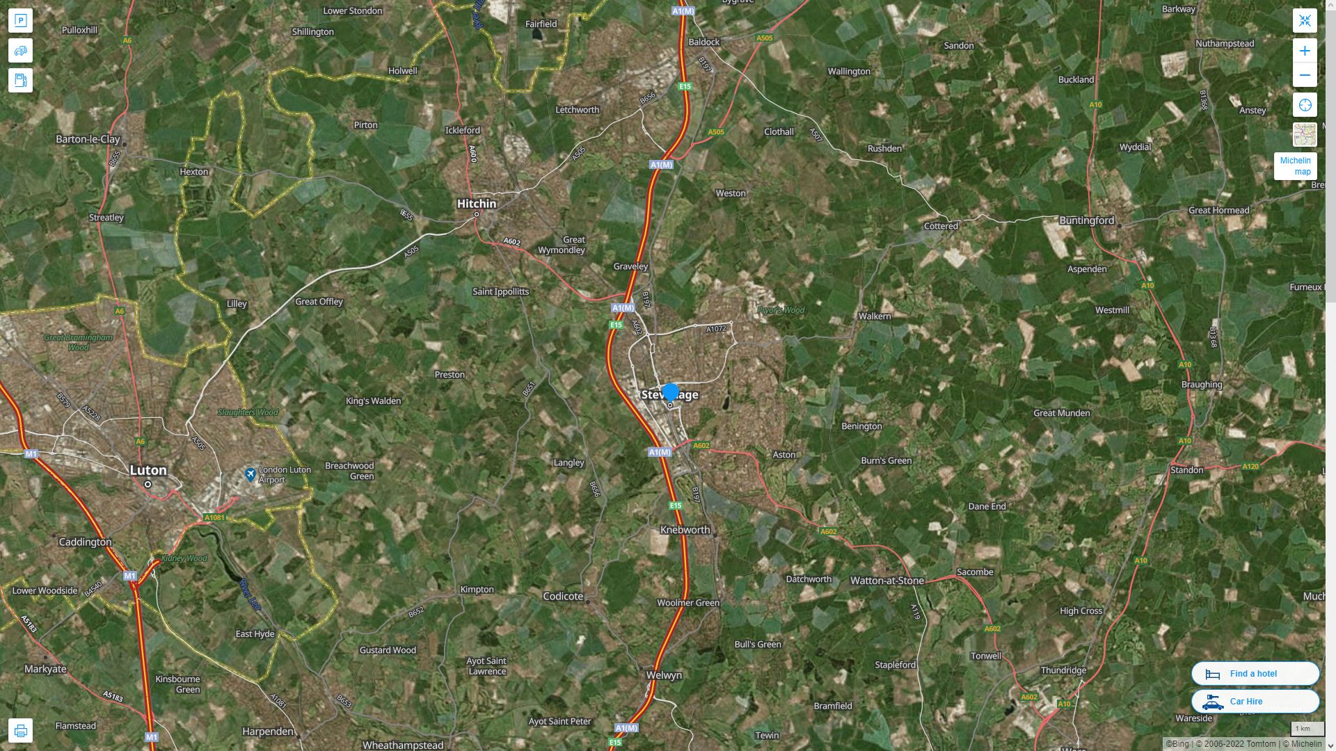 Stevenage Royaume Uni Autoroute et carte routiere avec vue satellite